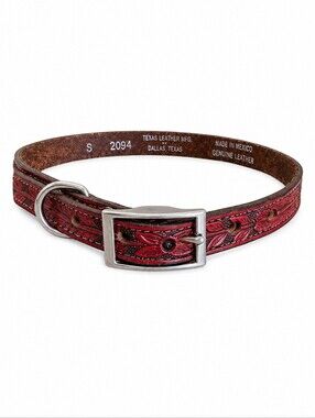 TEXAS LEATHER MFG Red Floral Western Leather Dog Collar NWOT
